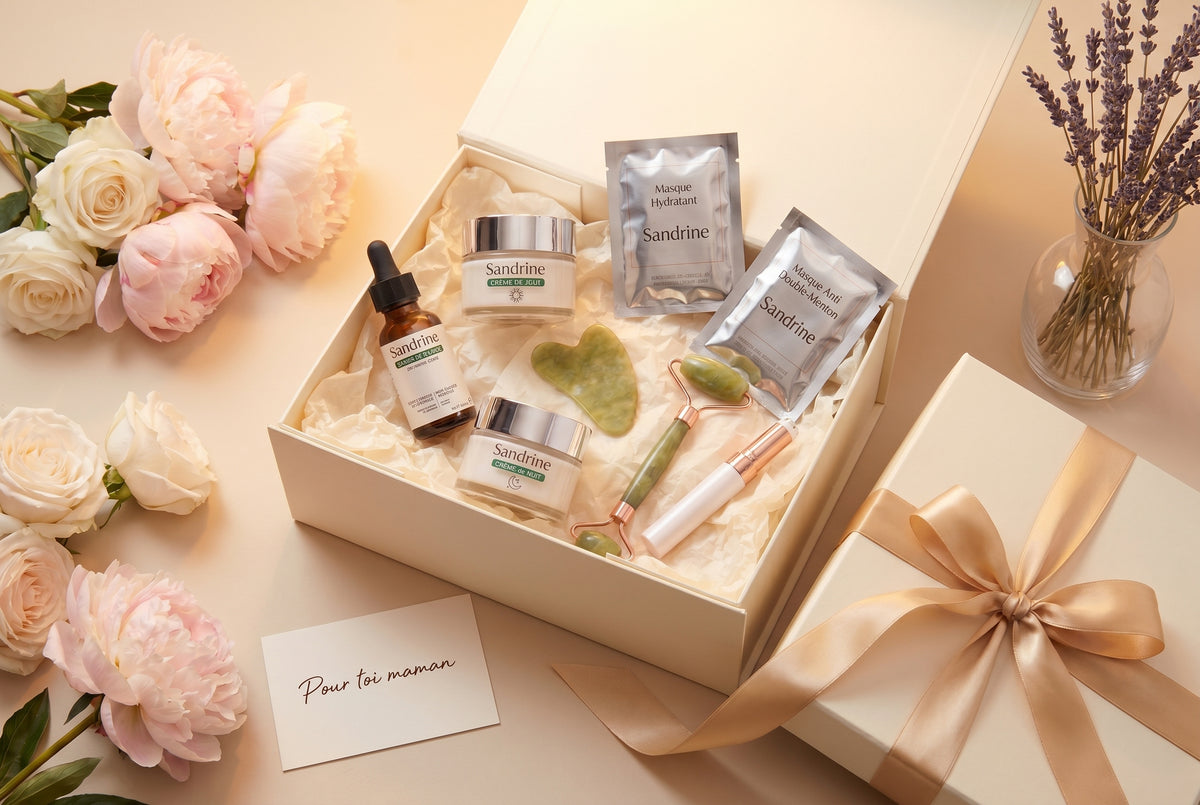 Coffret Fête des Mères — Boîte cadeau ouverte avec ruban doré