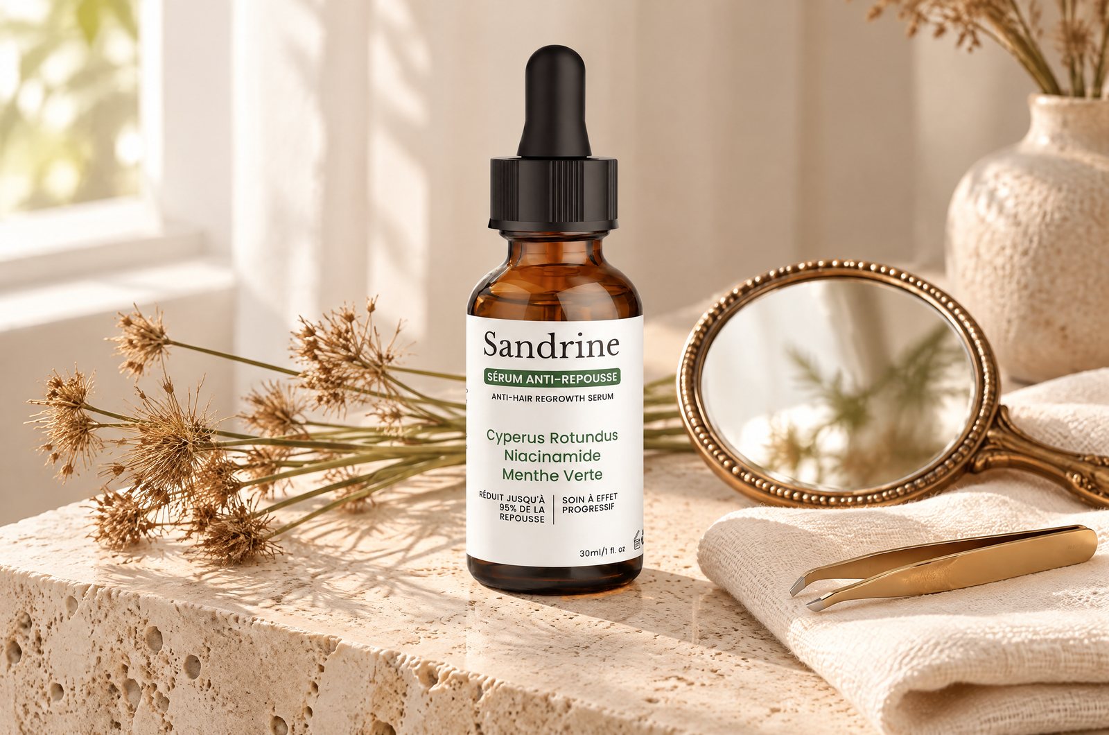 Le Sérum Anti-Repousse Sandrine, un miroir et une pince sur la pierre