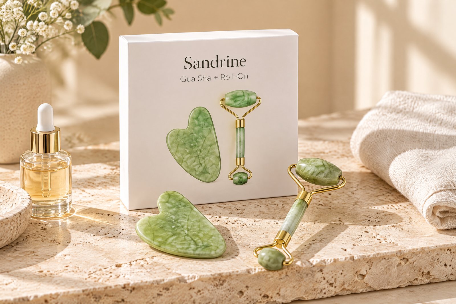 Le coffret Gua Sha + Roll-On Sandrine sur la pierre