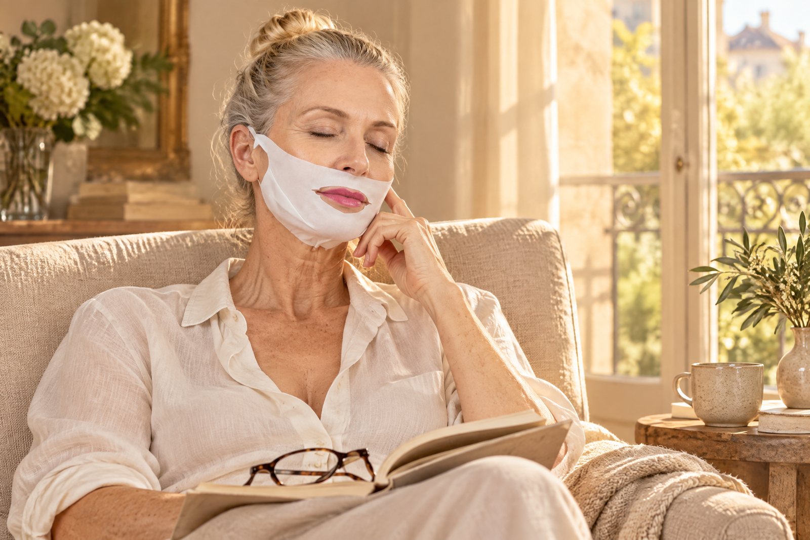 Pause lecture avec le masque anti double-menton